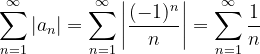 \dpi{120} \sum_{n=1}^{\infty }\left | a_{n} \right |=\sum_{n=1}^{\infty }\left |\frac{(-1)^{n}}{n} \right |= \sum_{n=1}^{\infty }\frac{1}{n}